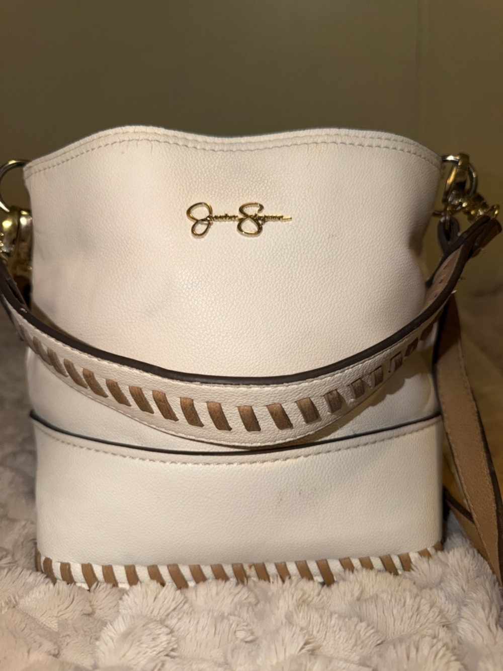 Jessica Simpson Cream Bucket Bag with Tan Woven Trim